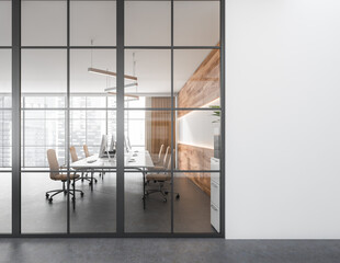 Front view on bright office room interior with panoramic window