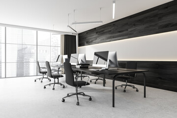 Corner view on dark office room interior with panoramic window