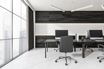 Close up view on dark office interior with panoramic window