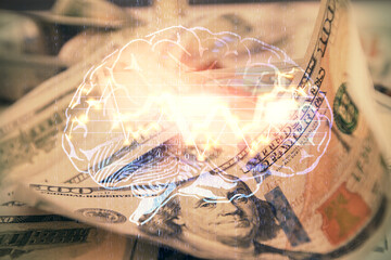 Double exposure of brain drawing over us dollars bill background. Technology concept.