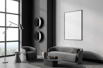 Grey guest room interior with armchair and sofa near window, mockup poster