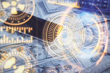 Fototapeta premium Double exposure of tech theme drawing over usa dollars bill background. Concept of technology.