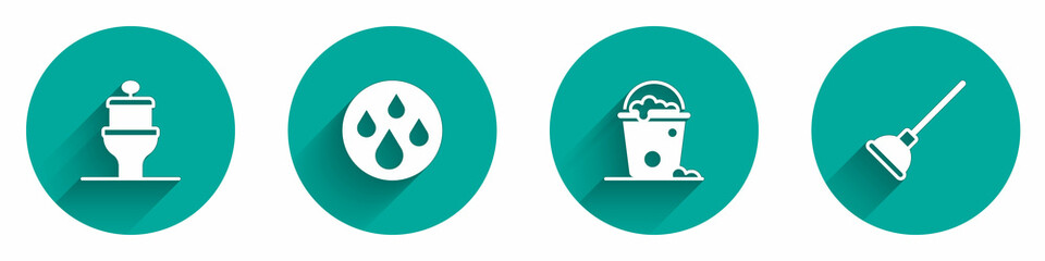 Set Toilet bowl, Water drop, Bucket with foam and bubbles and Rubber plunger icon with long shadow. Vector