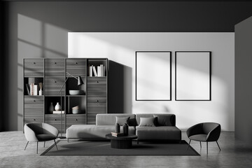 Dark guest room interior with armchairs and sofa, shelf and mockup posters