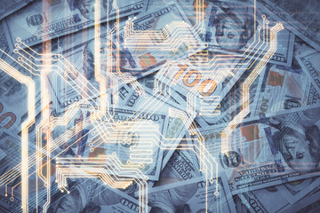 Double exposure of tech theme drawing over usa dollars bill background. Concept of technology.