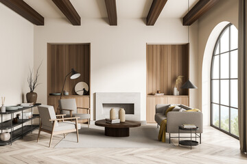 On trend beige living room with two wood niches - obrazy, fototapety, plakaty