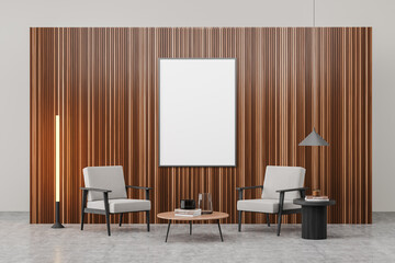 Light guest room interior with armchairs and coffee table, mockup poster