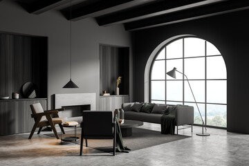 Arch window in modern grey living room. Corner view.