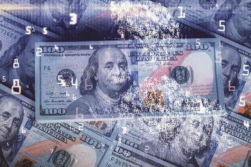 Double exposure of tech theme drawing over usa dollars bill background. Concept of technology.