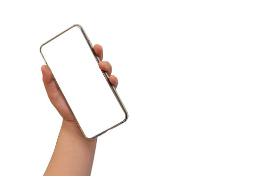 hand hold mocking screen smartphone on isolated white background