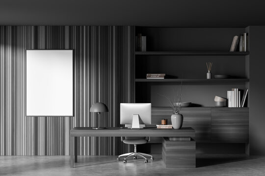Dark business manager room interior with furniture and computer. Mockup poster