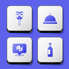 Set Carnival mask, Covered with tray of food, Flag Italy and Bottle wine icon. White square button. Vector