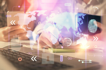 Double exposure of man and woman working together and technology theme world map drawing hologram. International business tech concept. Computer background.