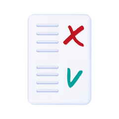 3d survey on a paper page. Form of a document or questionnaire with the result. Exam, сhecklist or quiz with checkbox accepted or rejected. Completed task, executed document or result voting. Vector