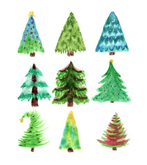 set of hand-drawn watercolor Christmas trees, watercolor pines for design in different shades of green