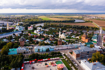 Aerial copter view of modern cityscape of Kolomna overlooking ancient Kremlin, Moscow region, Russia