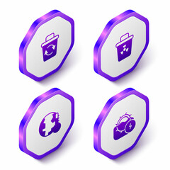 Set Isometric Recycle bin, Infectious waste, Earth melting to global warming and Water mill icon. Purple hexagon button. Vector