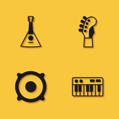 Set Balalaika, Music synthesizer, Stereo speaker and Guitar neck icon with long shadow. Vector