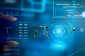 metaverse in hand holding glasses looking at technology, innovative glasses goggles on camera in futuristic neon light, Simulate the use of technology, virtual world, circuit board