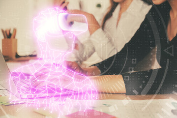 Double exposure of woman hands typing on computer and man in AR glasses drawing. Education concept.