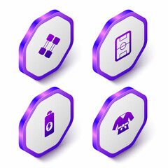 Set Isometric Dumbbell, Football field, Fitness shaker and Kimono icon. Purple hexagon button. Vector