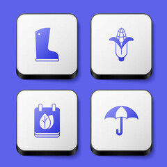 Set Waterproof rubber boot, Corn, Calendar with autumn leaves and Umbrella icon. White square button. Vector