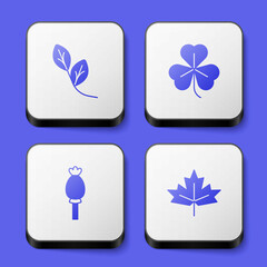 Set Leaf, Clover, Opium poppy and Canadian maple leaf icon. White square button. Vector