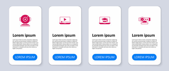 Set Web camera, Graduation cap on laptop, Online play video and . Business infographic template. Vector