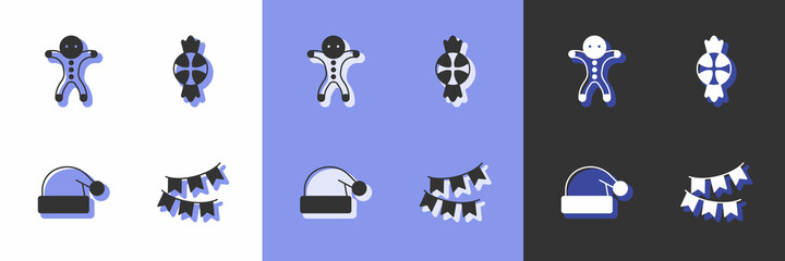 Set Carnival garland with flags, Holiday gingerbread man cookie, Christmas Santa Claus hat and Candy icon. Vector