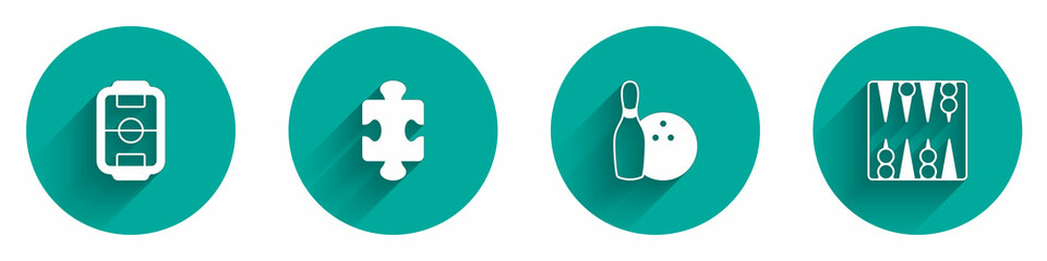 Set Table football, Puzzle pieces toy, Bowling pin and and Backgammon board icon with long shadow. Vector