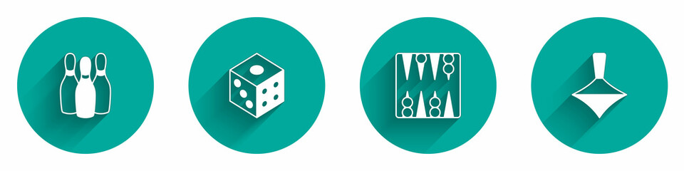 Set Bowling pin, Game dice, Backgammon board and Whirligig toy icon with long shadow. Vector