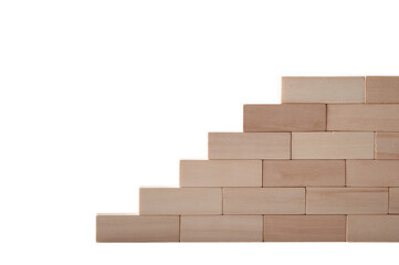 Steps from wooden blocks isolated on a white background. Unfinished wall. Rise up. 