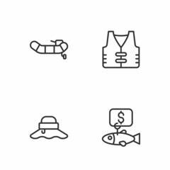 Set line Price tag for fish, Fisherman hat, Inflatable boat with motor and Fishing jacket icon. Vector