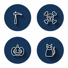 Set line Scythe, Skull on crossbones, Pumpkin and Black cat with long shadow. Blue circle button. Vector