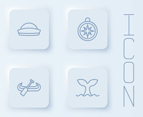 Fototapeta premium Set line Sailor hat, Compass, Kayak and paddle and Whale tail. White square button. Vector