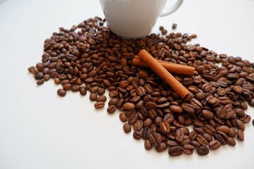 Coffee beans, Cinnamons and cup on white background. Cafe, Coffee, restaurant design elements. 