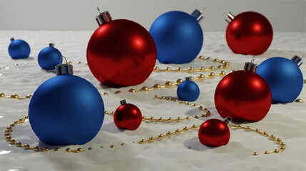 Christmas background. Winter holiday decorations in the snow. Vector illustration. Red and blue balloons.