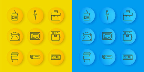 Set line Coffee cup to go, Envelope, Certificate template, Digital alarm clock, machine, Glue, Briefcase and Push pin icon. Vector