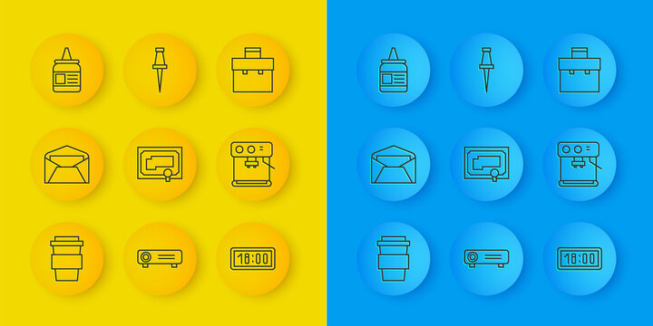 Set line Coffee cup to go, Envelope, Certificate template, Digital alarm clock, machine, Glue, Briefcase and Push pin icon. Vector