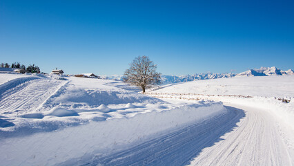 Fototapeta na wymiar a snowy path in the high mountains