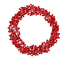Red berry wreath isolated on white background. Xmas holiday decor. Door ornament.