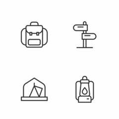 Set line Camping lantern, Tourist tent, Hiking backpack and Road traffic sign icon. Vector