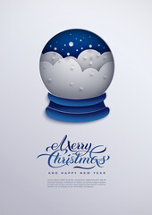 Merry Christmas and Happy New Year poster, paper cut snow globe with snowflakes on blue background. Holiday design for banner, greeting card, invitation, flyer, paper cutout style, vector illustration