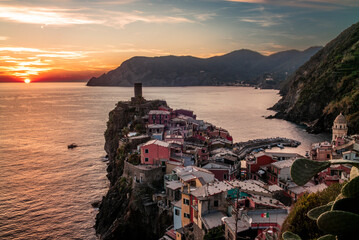 Colorful sunset  on the village of Vernazza in the Cinque Terre in Italy