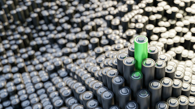 Infinite alkaline batteries on a plane with one best winning; original 3d rendering
