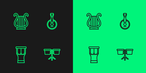 Set line Bongo drum, African percussion, Ancient Greek lyre and Banjo icon. Vector