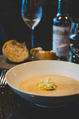 Chestnut and ginger soup, roasted chestnuts,.with rosemary, chervil roots.