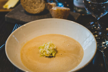 Chestnut and ginger soup, roasted chestnuts,.with rosemary, chervil roots.