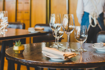 Glassware on a table setting in a high class restaurant