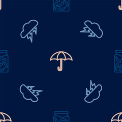 Set line Pickled cucumbers in a jar, Cloud and lightning and Umbrella on seamless pattern. Vector